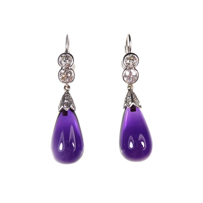 Pair of antique amethyst drop and diamond pendant earrings with polished drops | MasterArt